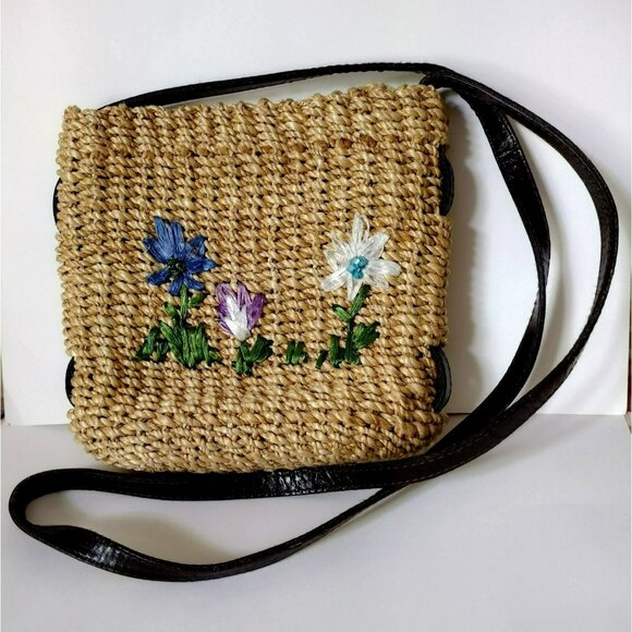 Vintage Handbags - Vintage Straw Purse with Raffia Flowers, Leather Handles, Woven Jute Grass Handb